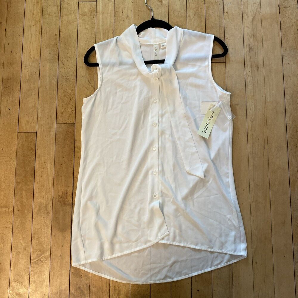 Tacera Blouse Women’s Size Small NWT Sleeveless Button Up Bow Tie White
